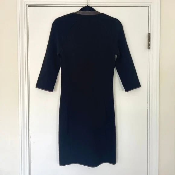 Veronica Beard Zip Front Black Dress Wool Blend Leather Trim V Neck Size 2 Veronica Beard Zip Front Black Dress Wool Blend Leather Trim V Neck Size 2